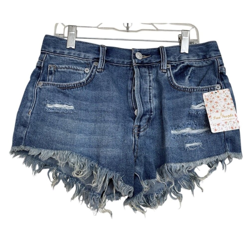 Free People We The Free Shorts Women’s Size 25 Button Fly Distressed Mid Indigo‎